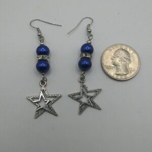 Christmas Tibetan Silver Charm Star Blue Bead Dangle Drop Earrings 3"